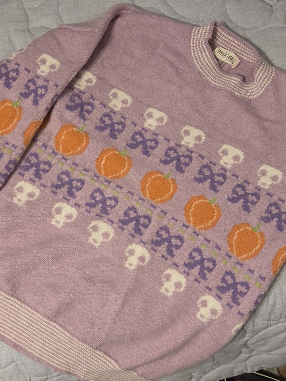 Peach Love California Lavender Sweater with Orange Pumpkin & Cream Skulls